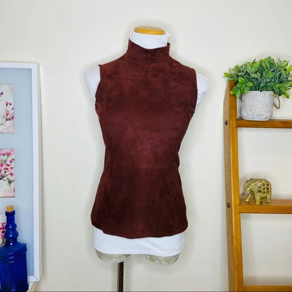 THEORY Chili Red Eulia Suede Ponte Mock Top
